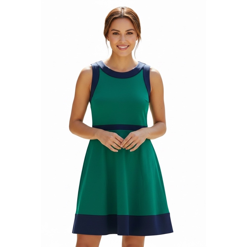 Lands End‎ Womens Green Navy Colorblock Fit Flare Ponte Dress Pockets Size 18